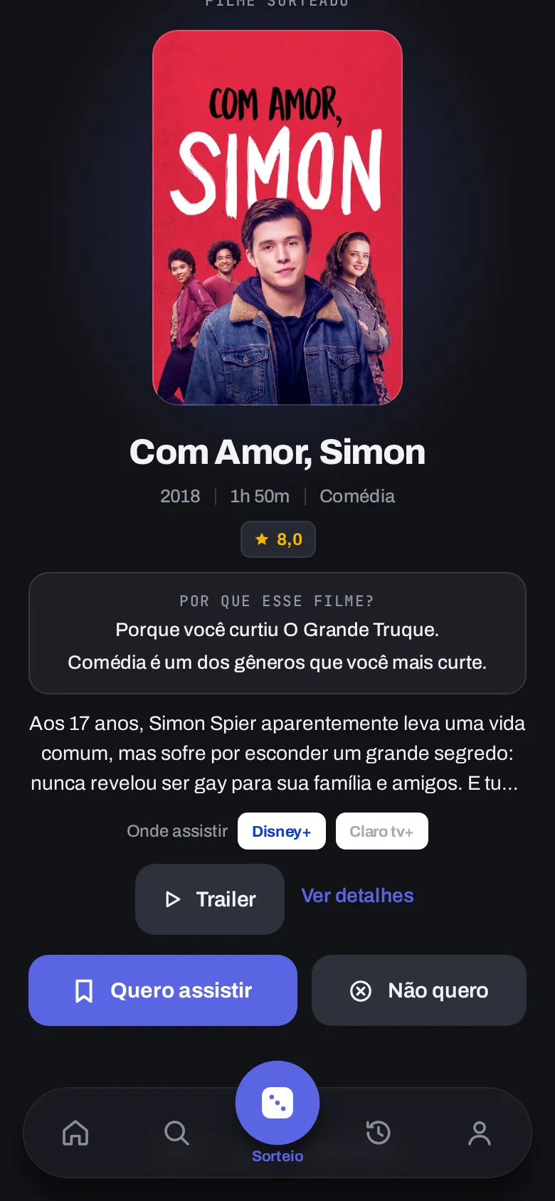 Tela do CineHit explicando por que o filme foi sorteado