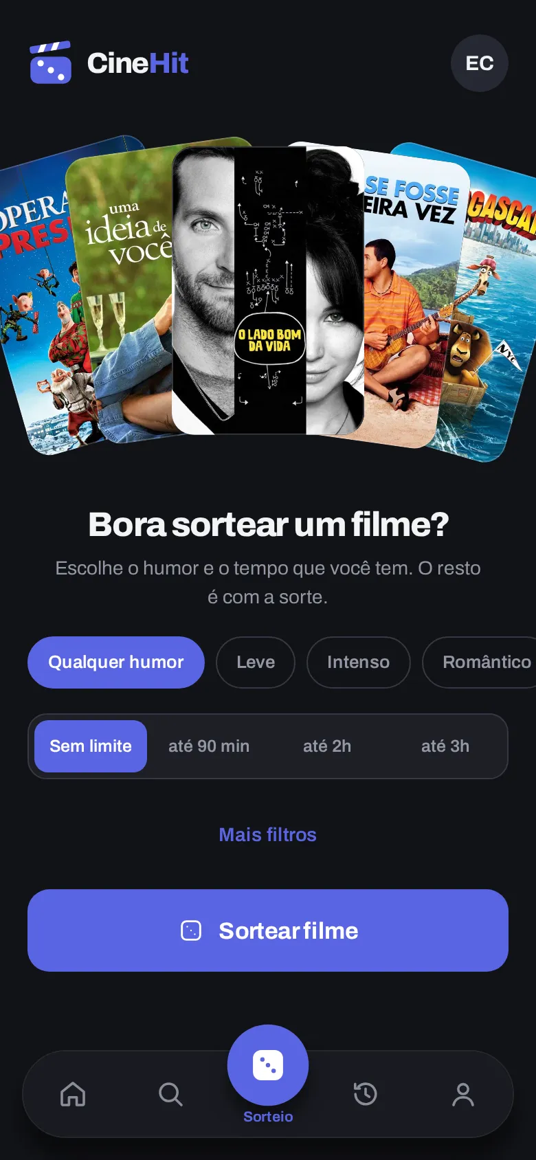 Tela de sorteio do CineHit, com a escolha do humor